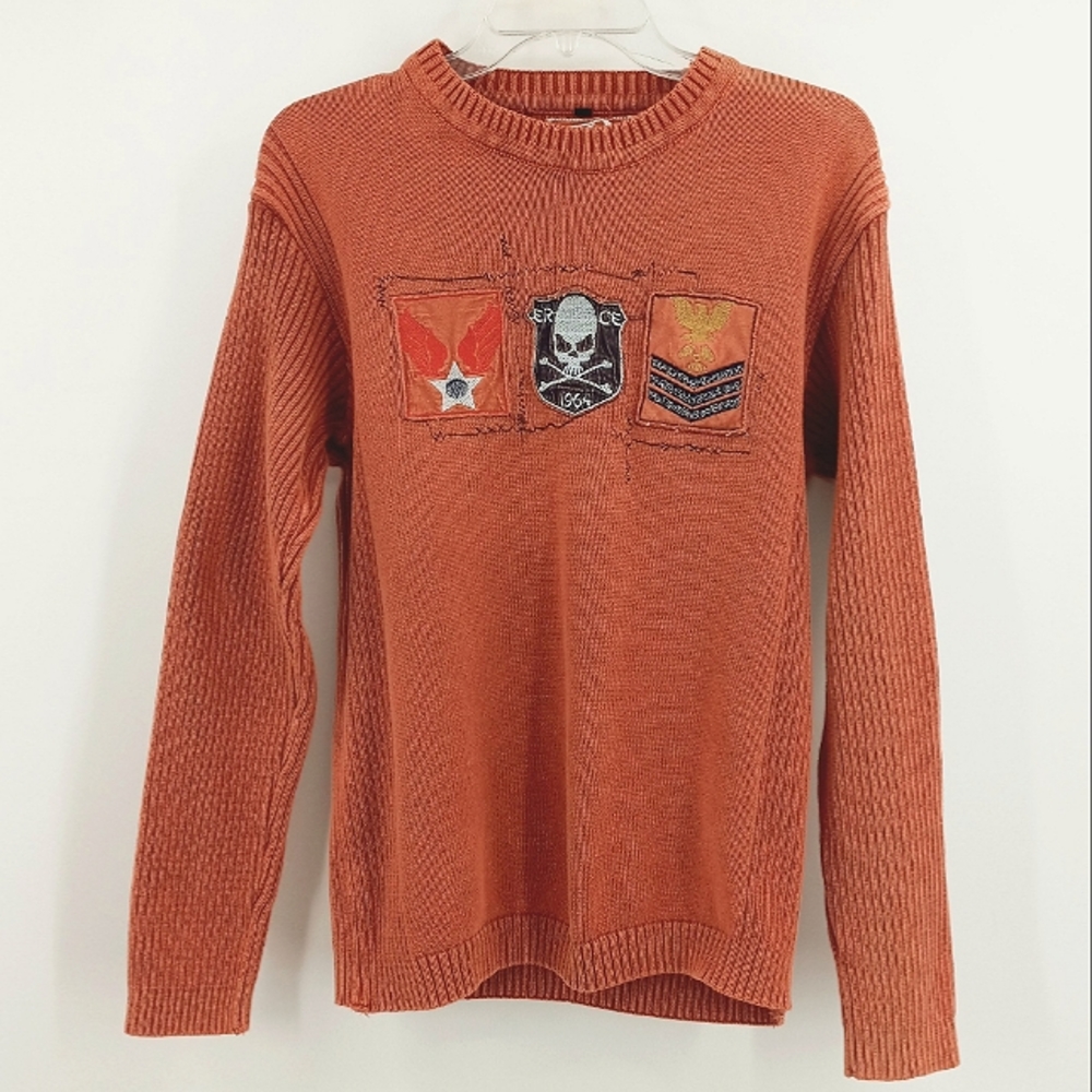 Vintage Rothco Sweater Men's M Rust Orange Ribbed Sleeves Military Style Patches
